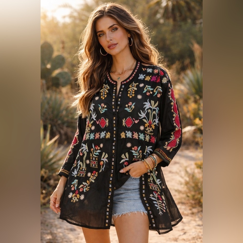 Johnny Was Silk Embroidered Boho Tunic Blouse Shacket Kimono - Picture 3 of 15